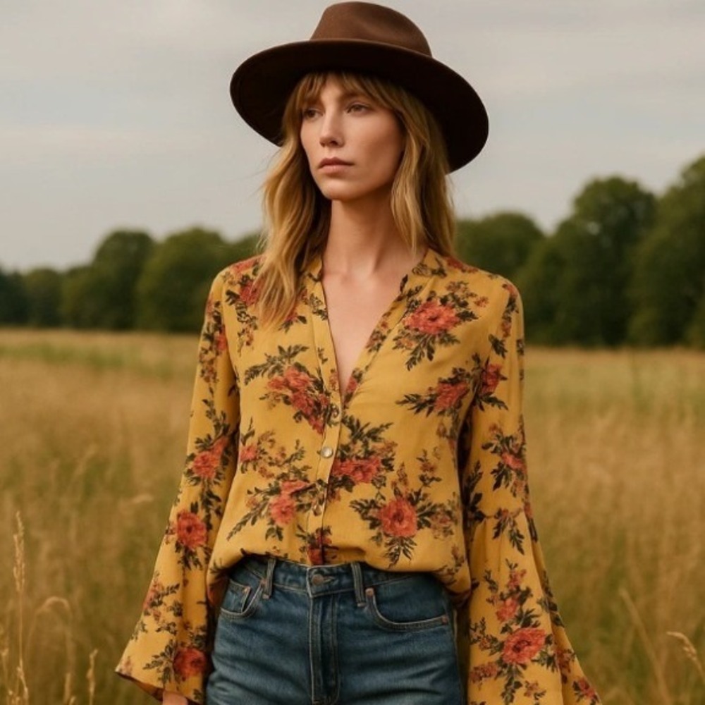 Free People Marigold Yellow Floral Bell Sleeve Henley Tunic Blouse Top Womens M